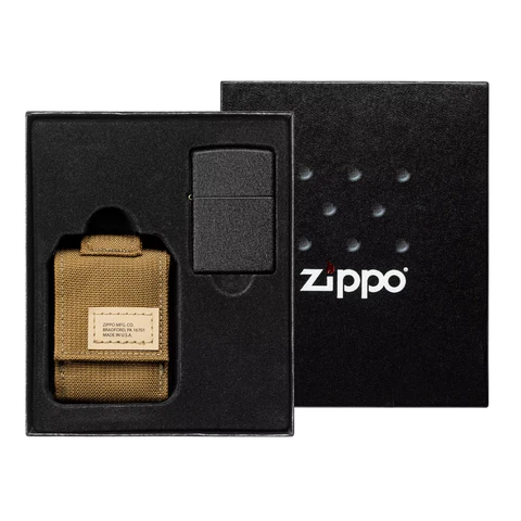 Zippo Coyote Pouch and Black Crackle Lighter Gift Set 49401