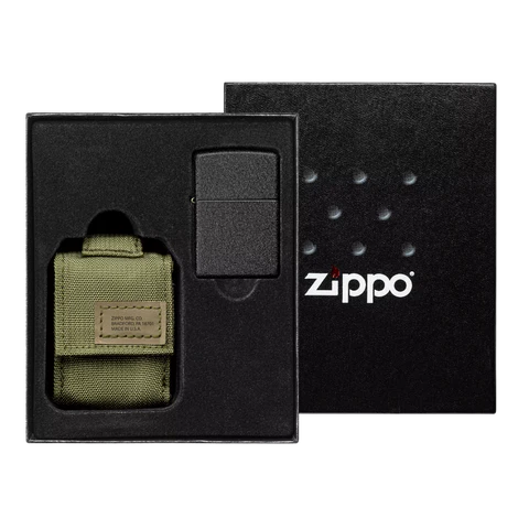 Zippo OD Green Pouch and black crackle set 49400