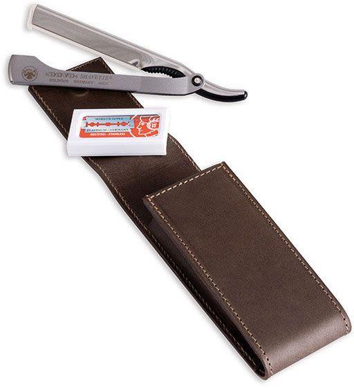 DOVO Shavette Replaceable Blade Straight Razor, Matte Stainless Steel Handle, Brown Cowhide Leather Case